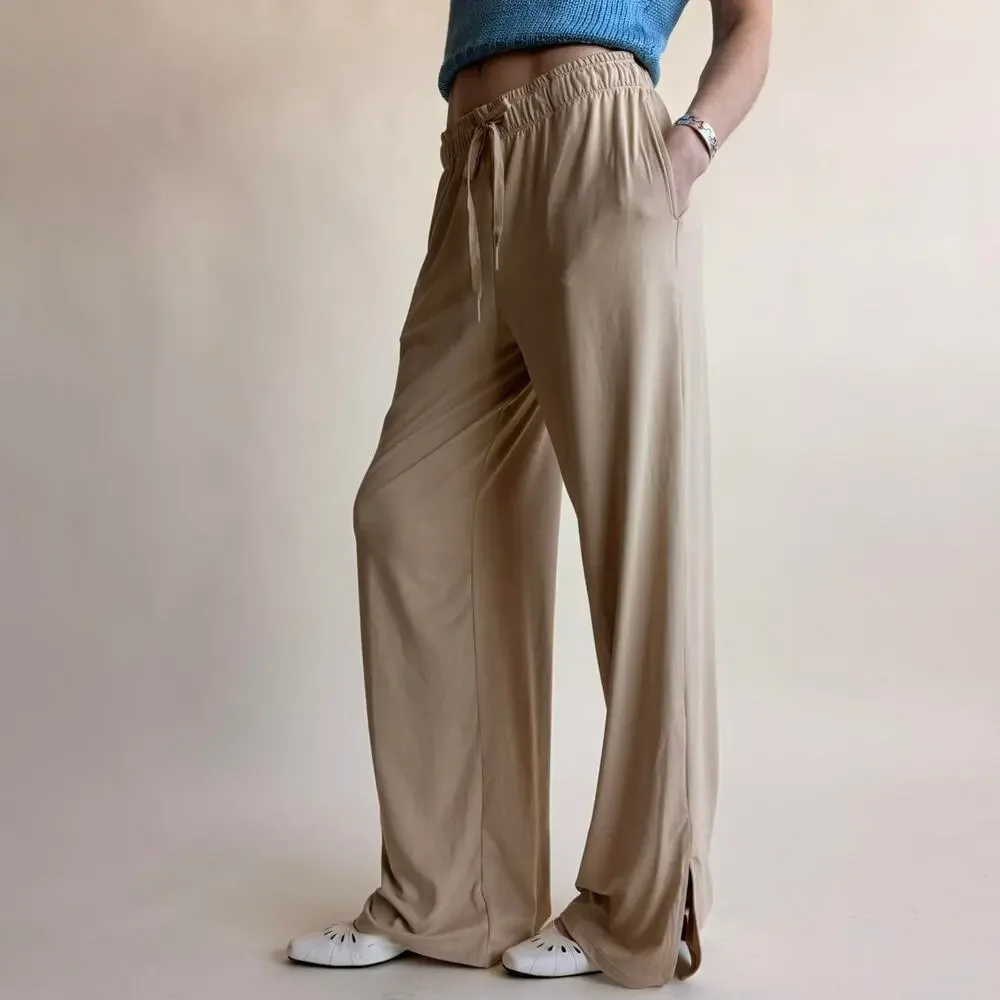 Tan Wide Leg Lounge Pants - Drawstring Waist, Ankle Slits, Size XS - Picture 1 of 6